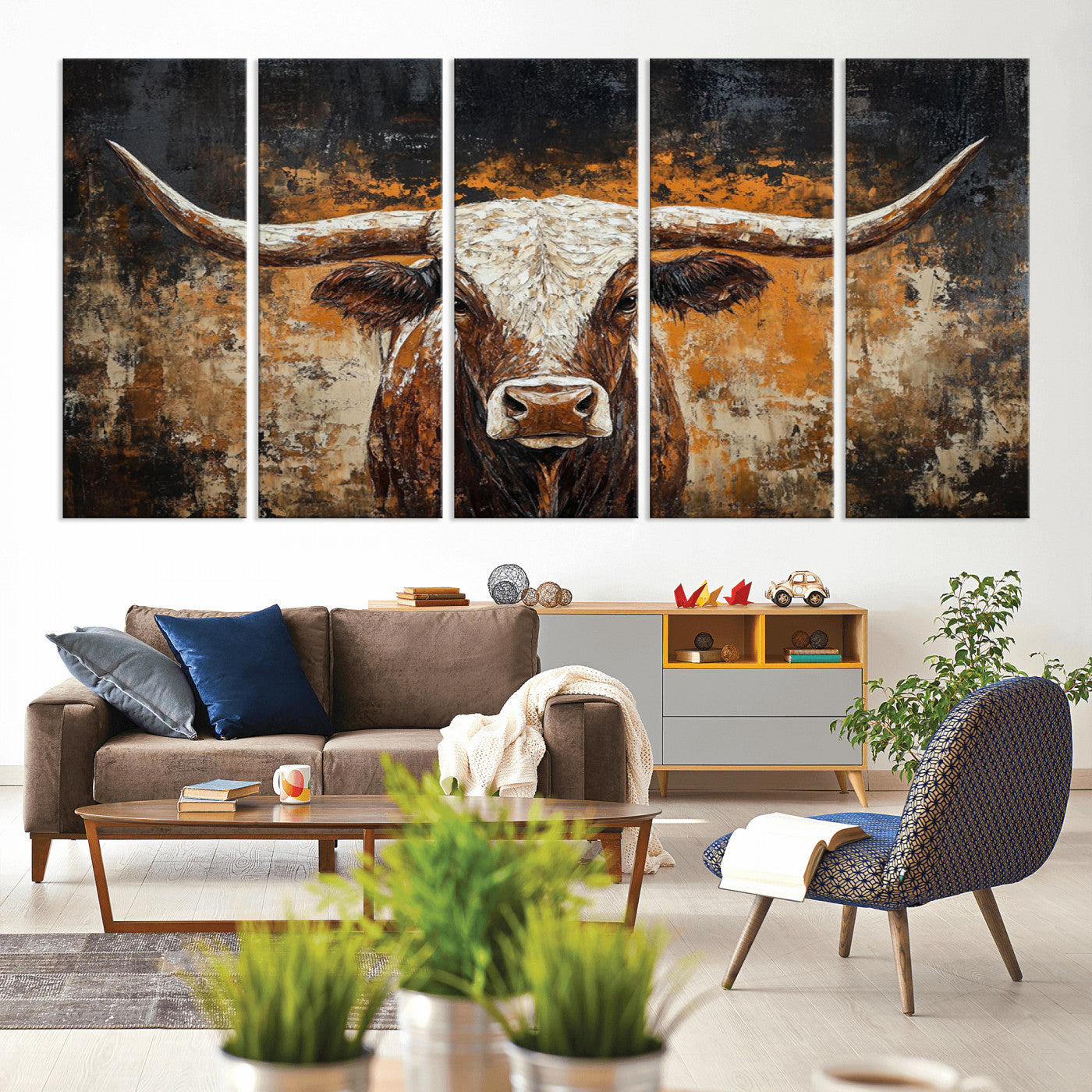 25265572-MGV-CV-60X31-5P-Rustic Longhorn Bull Wall Art Canvas Print – Vintage Western Cattle Painting, Texas Steer Artwork for Ranch, Farmhouse or Cowboy Decor