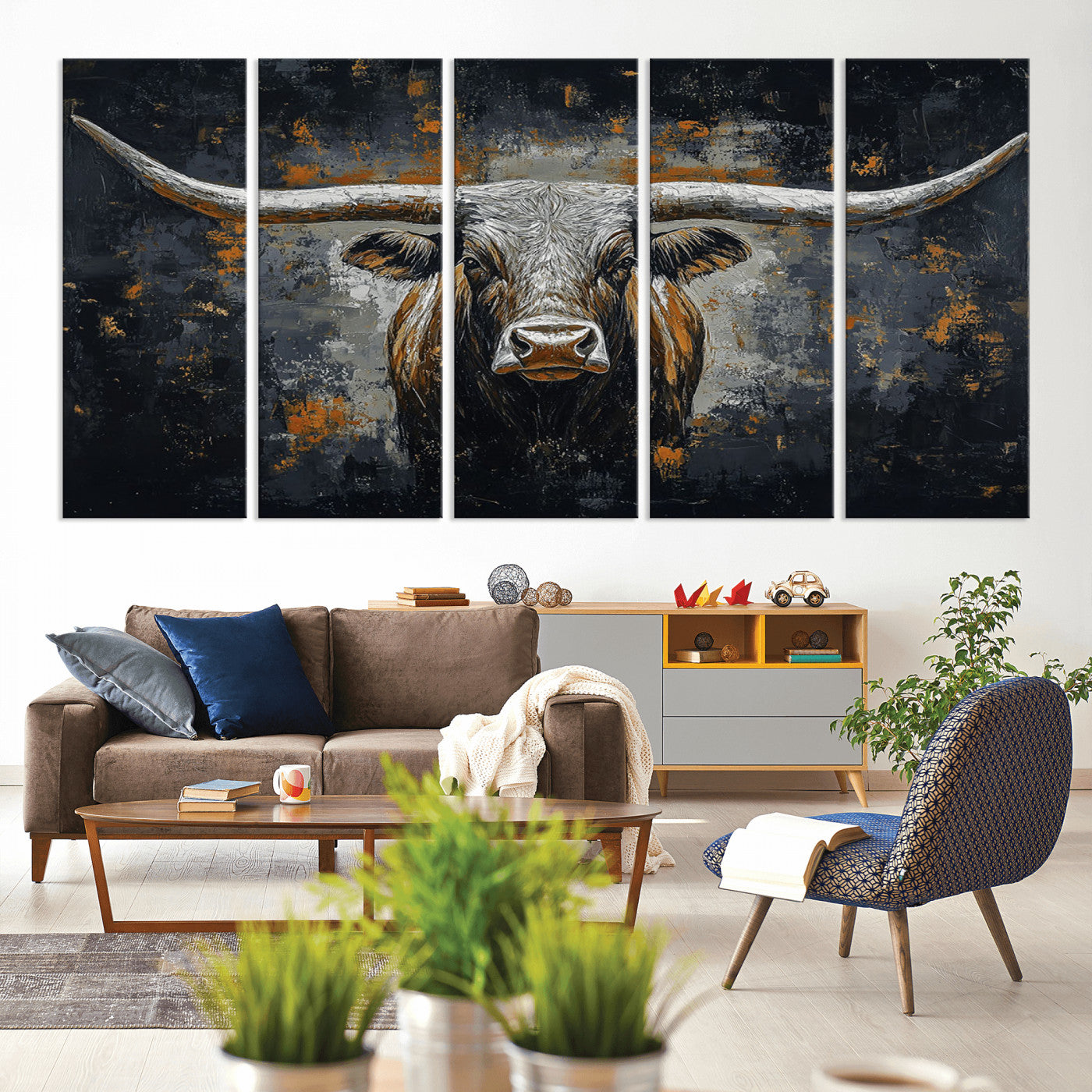 93195031-MGV-CV-80X40-5P-Rustic Longhorn Bull Wall Art Canvas Print – Vintage Western Cattle Painting, Texas Steer Artwork for Ranch, Farmhouse or Cowboy Decor