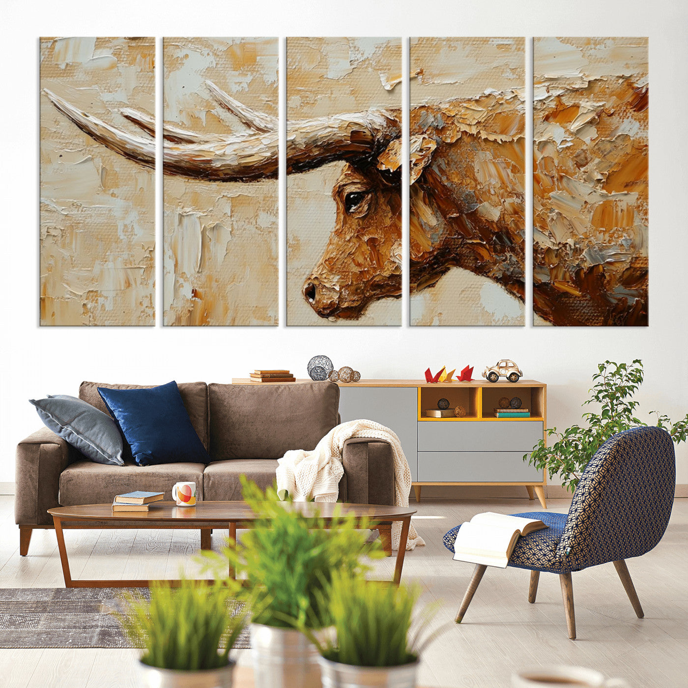Rustic Longhorn Bull Wall Art Canvas Print – Vintage Western Cattle Painting, Texas Steer Artwork for Ranch, Farmhouse or Cowboy Decor