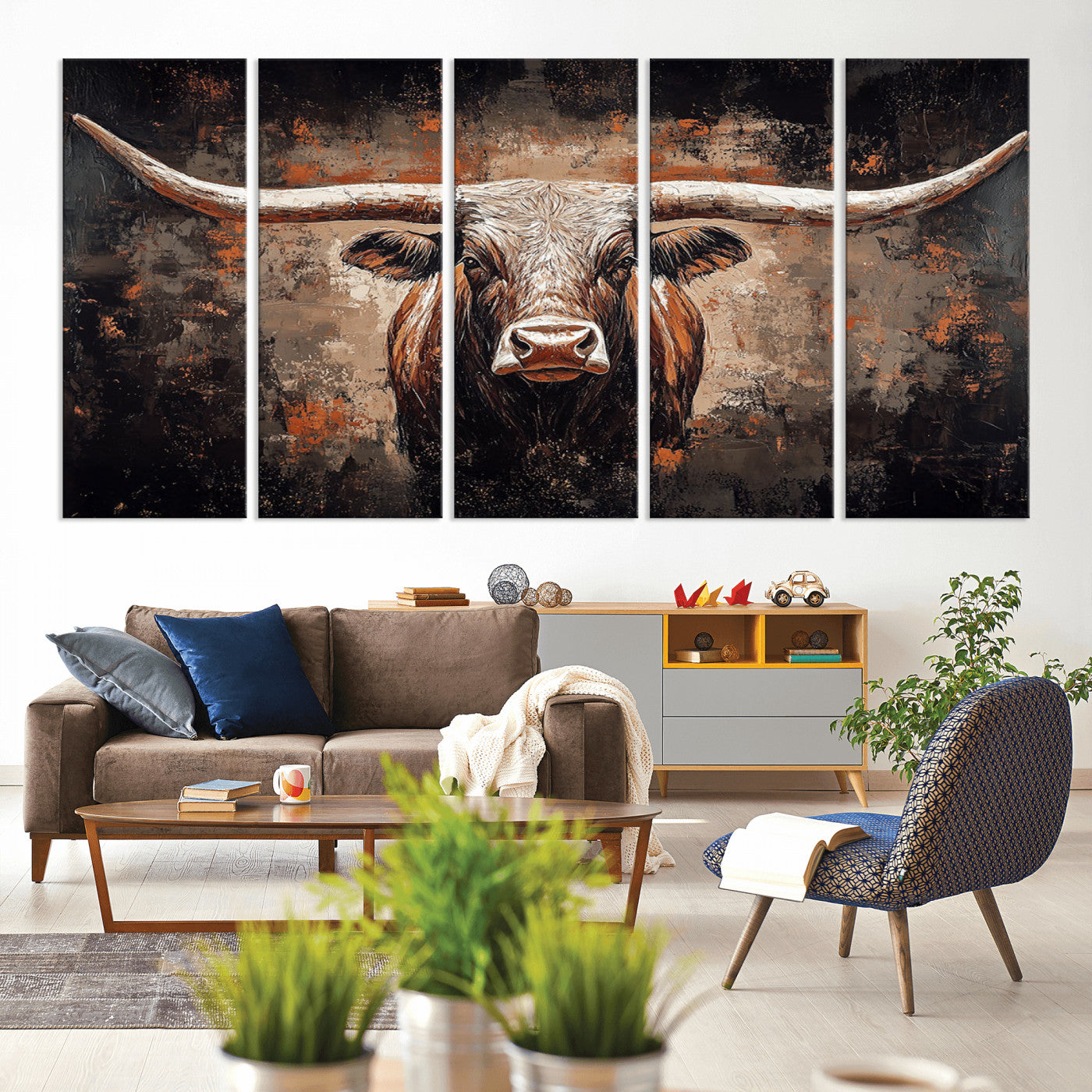 24779067-MGV-CV-80X40-5P-Rustic Longhorn Bull Wall Art Canvas Print – Vintage Western Cattle Painting, Texas Steer Artwork for Ranch, Farmhouse or Cowboy Decor