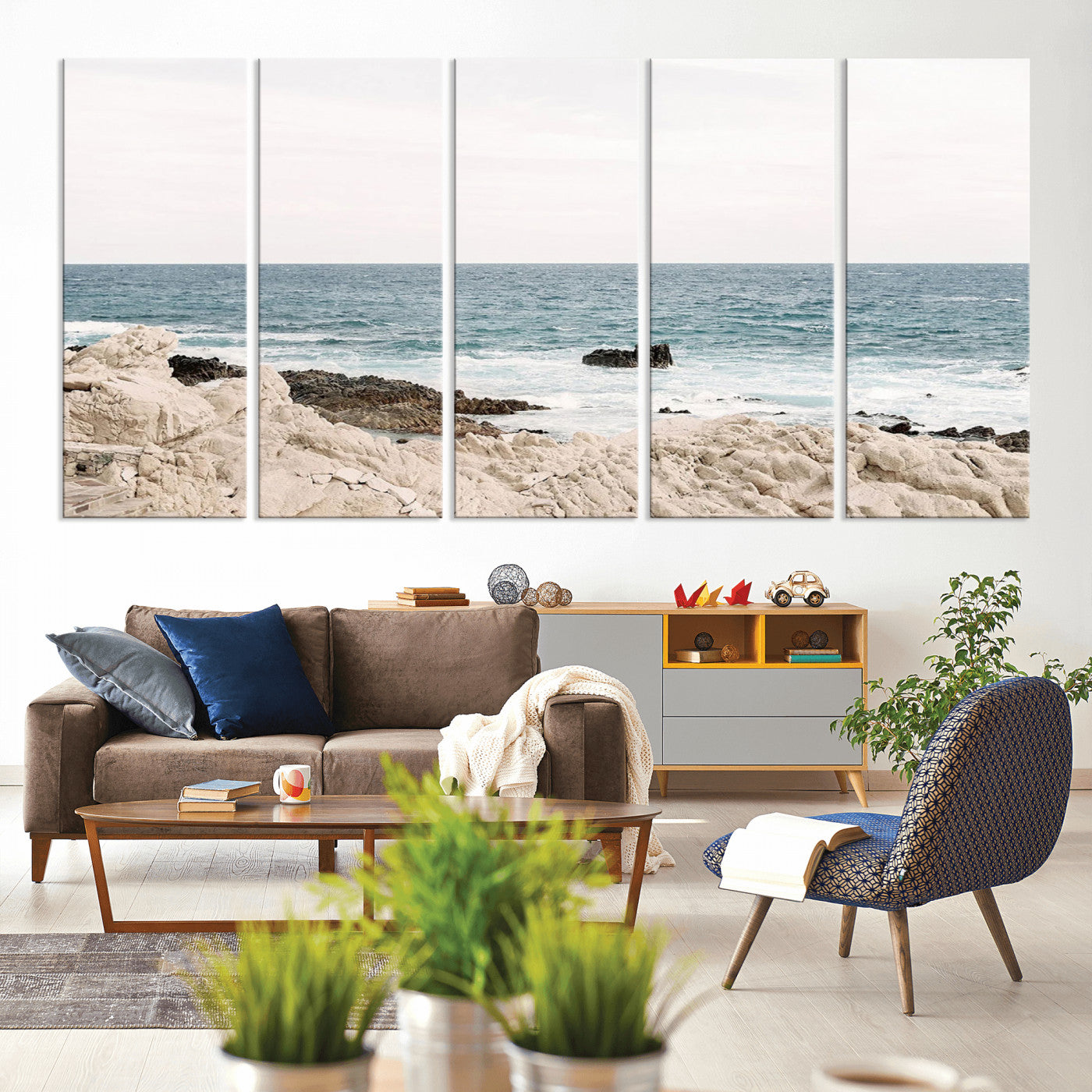 25481980-MGV-CV-80X40-5P-Coastal Ocean View Wall Art Canvas Print – Serene Rocky Shoreline and Blue Sea Photography for Coastal Chic or Minimalist Home Decor