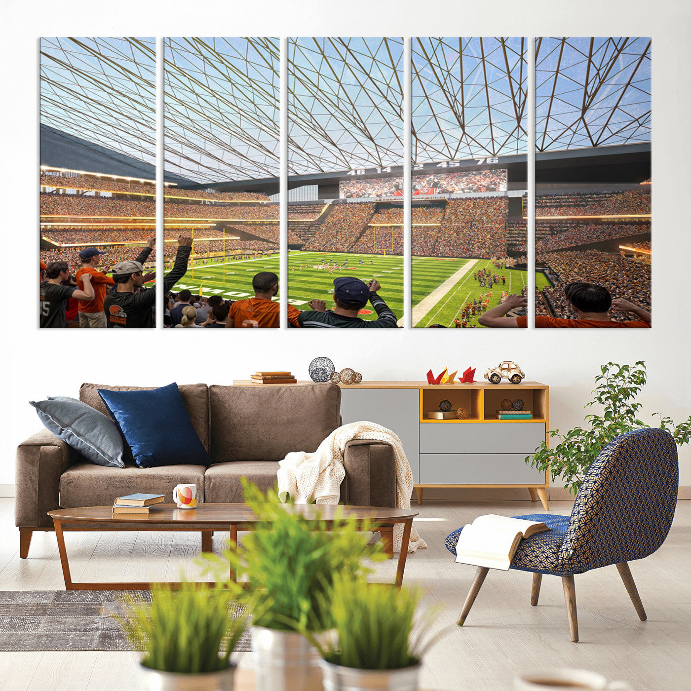 81960112-MGV-CV-80X40-5P-Cleveland Browns Stadium Wall Art Canvas Print – Framed Football Artwork Featuring Cleveland Skyline and Browns Stadium, Perfect for Man Cave or Game Room Decor