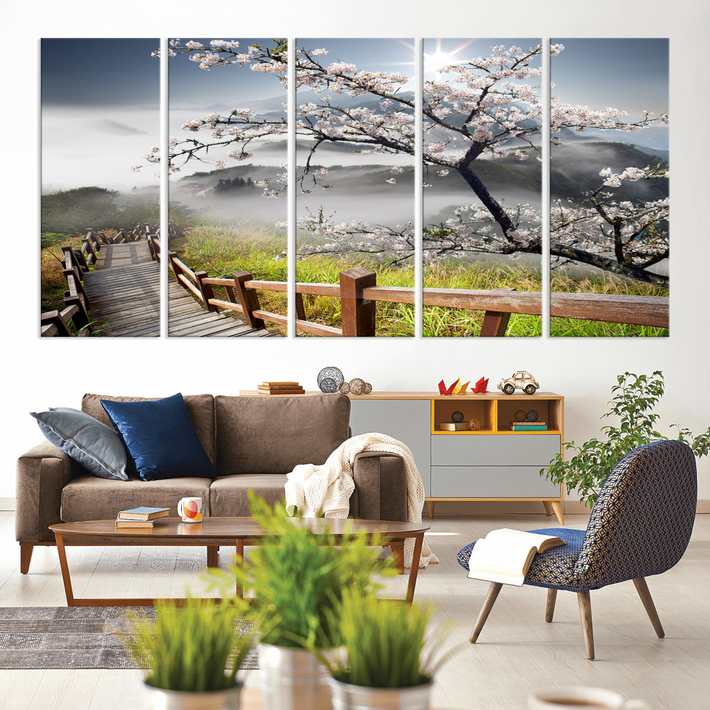 34632598CRY-MGV-CV-80X40-5P-Sakura Cherry Blossom Pathway Canvas Wall Art – Tranquil Walk Through Blossoming Nature – Ready to Hang