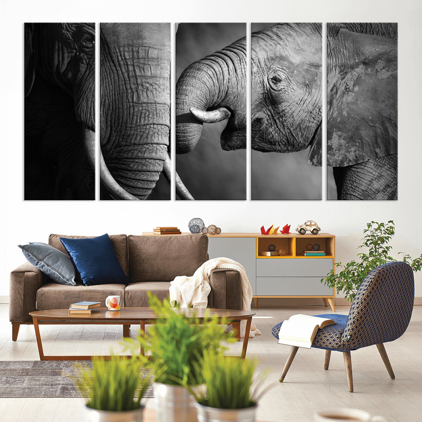 42691-MGV-CV-60X31-5P-Elephant Family Wall Art Canvas, Framed Elephant Family Canvas Print