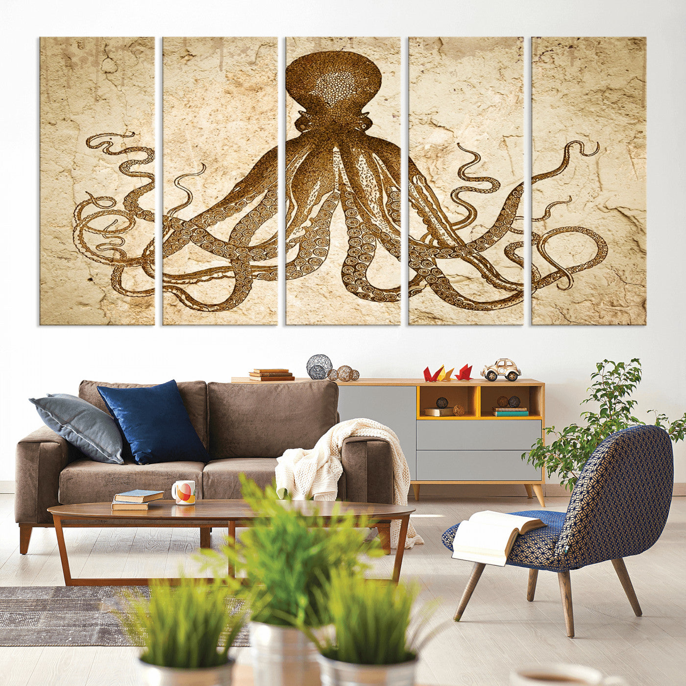 96154-MGV-CV-80X40-5P-Sepia Octopus Wall Art Abstract Animal Canvas Print