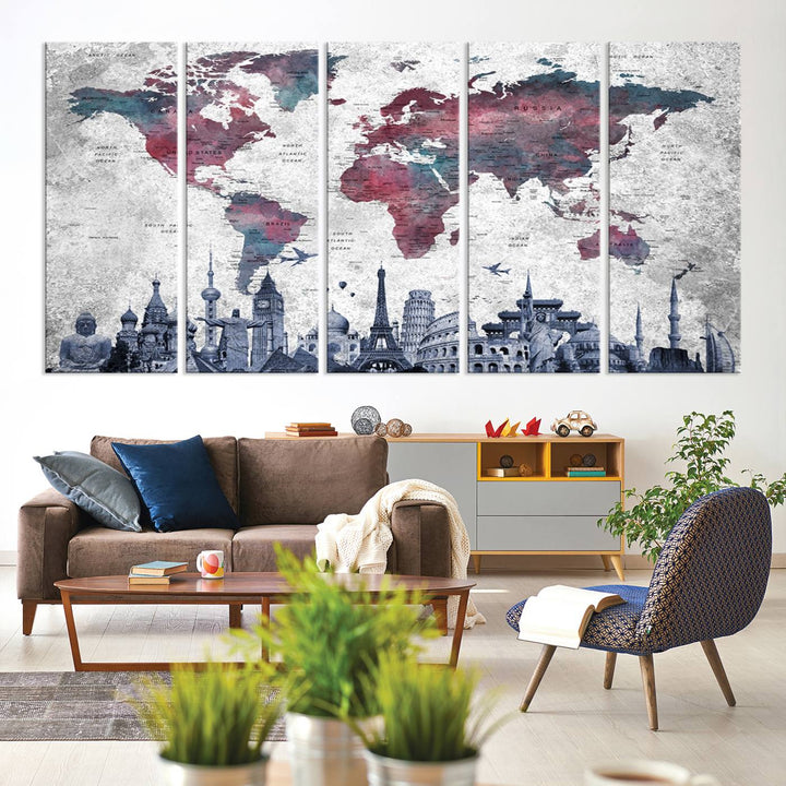 The dining room features a Blue Multipanel World Map Wall Art Canvas Print that adorns the wall, highlighting its neutral decor.