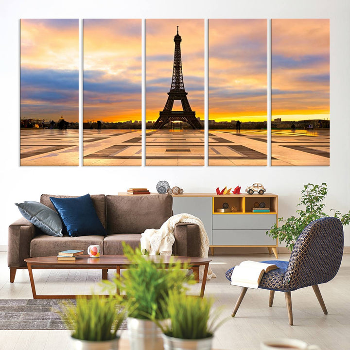 The "Paris Eiffel Tower Wall Art Canvas Prints" graces a wooden wall reminiscent of abstract expressionism.