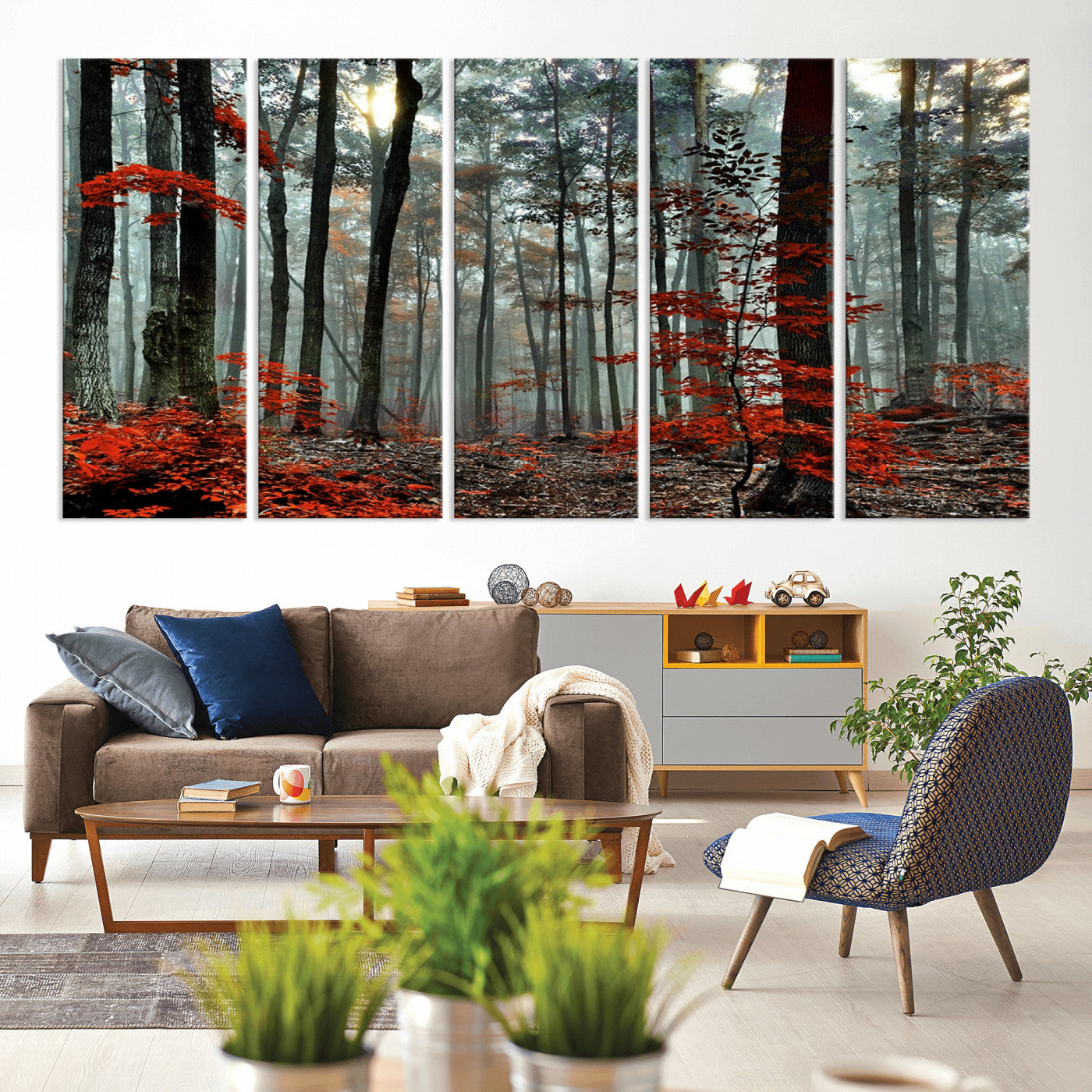 59209-MGV-CV-80X40-5P-Autumn Forest Canvas Wall Art – Enchanting Red Leaves Triptych Print – Nature-Inspired Decor for Living Room or Office – Ready to Hang