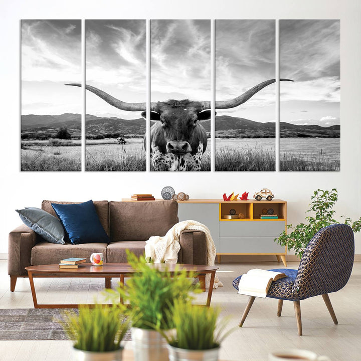 Longhorn Cow Wall Art Canvas Print Farmhouse Wall Art - Texas Longhorn Wall Art Print