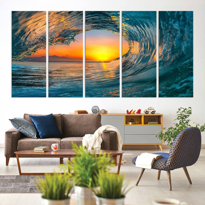 The Ocean Wave Sunset Wall Art canvas print features a vibrant ocean wave at sunset, forming a tunnel with silhouetted mountains.