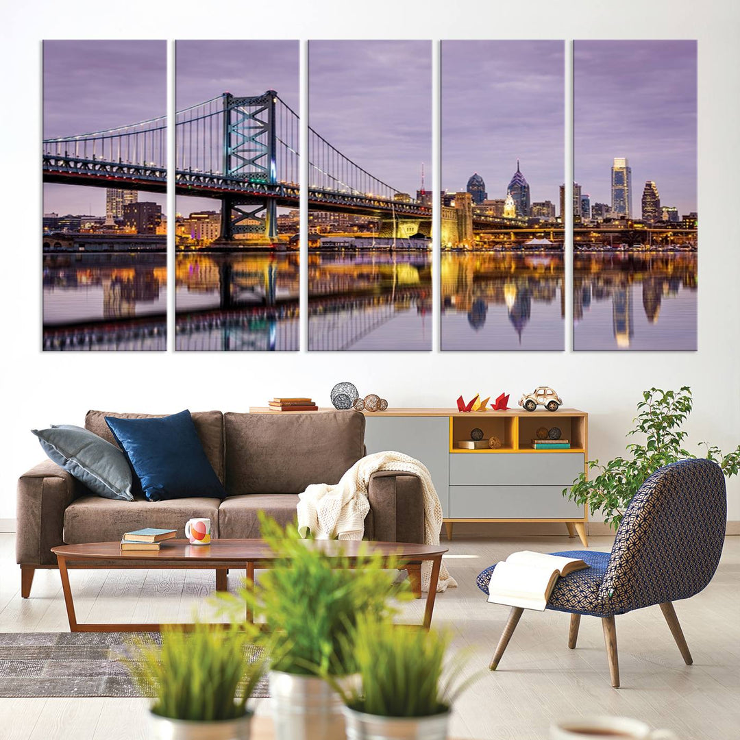 A woman holds the Philadelphia Ben Franklin Bridge Wall Art Canvas Print, a gallery-quality photo showcasing a city skyline with the bridge reflecting on the river. This stunning piece would make an excellent addition as premium canvas wall art for any home.