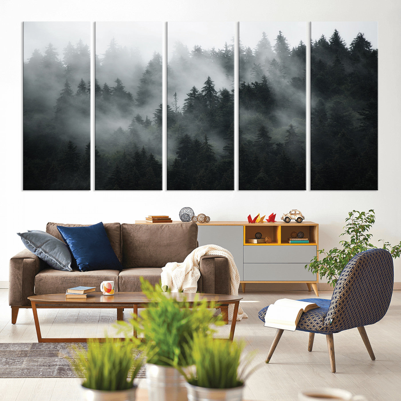 52359-MGV-CV-80X40-5P-Foggy Forest Wall Art Canvas Print | 3 Panel Large Misty Landscape for Dining Room, Office, or Living Room | Ready to Hang Nature Deco