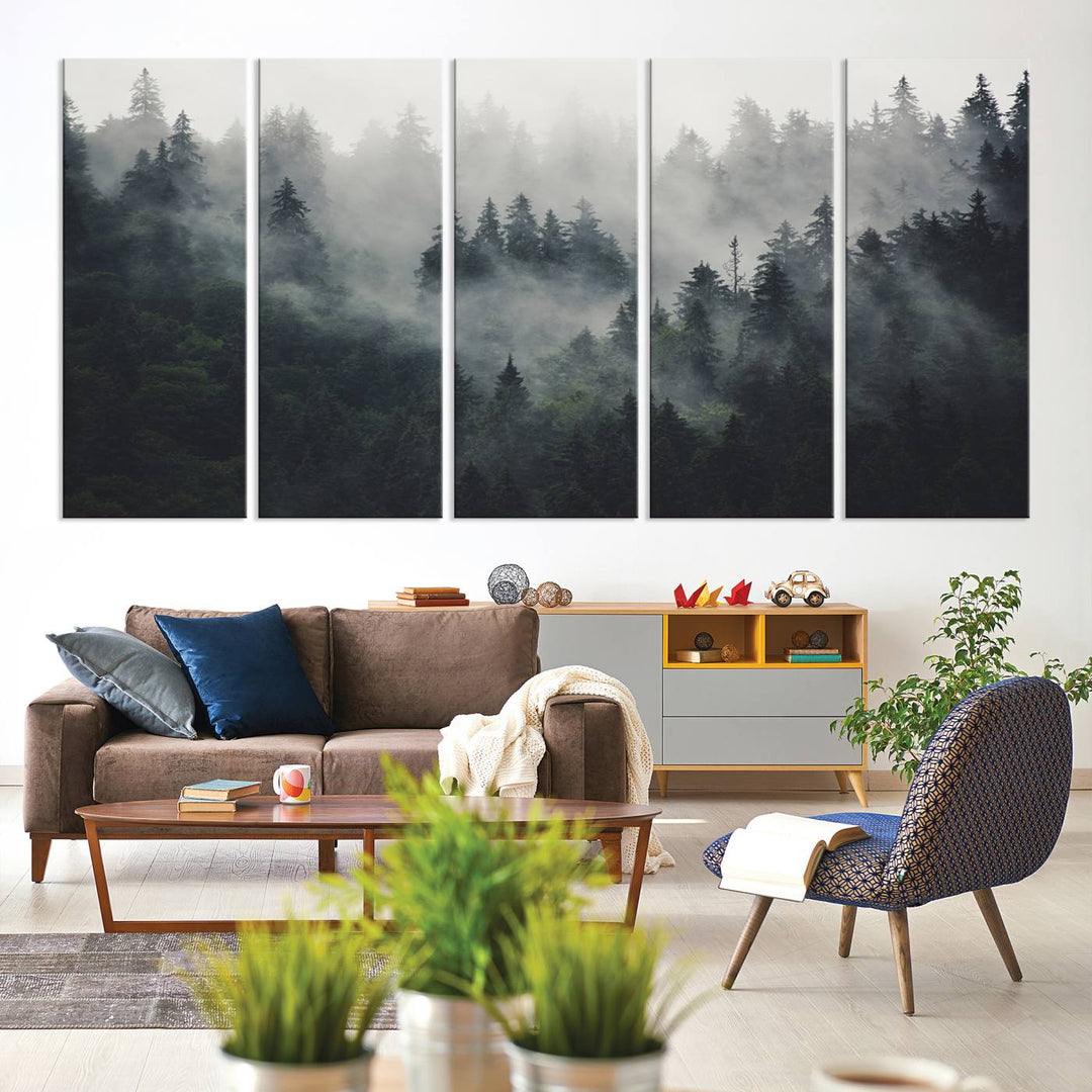 The Serene Triptych Print features tall evergreens, creating a mysterious and calming atmosphere.