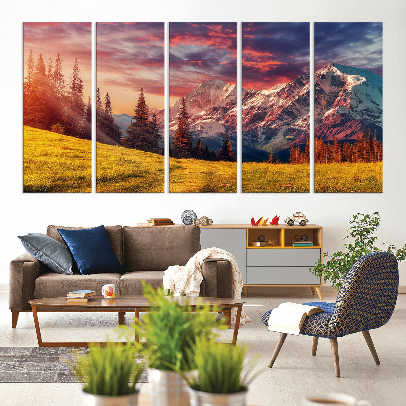 48448-MGV-CV-60X31-5P-Mountain and Daylight Red Sunset Wall Art Canvas Print