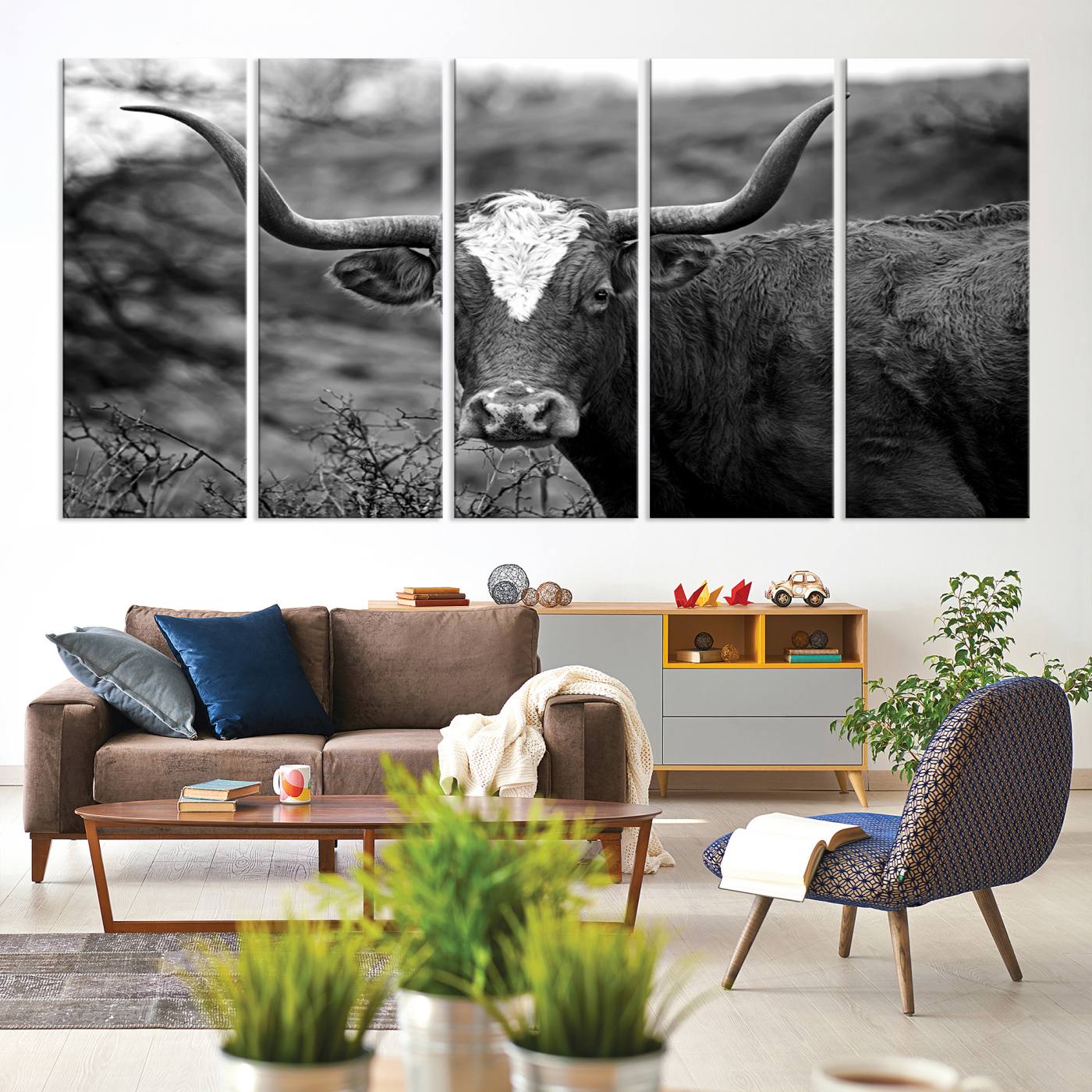 76200-MGV-CV-36X24-Western Home Wall Art Canvas Print, Framed Texas Longhorn Art Picture Print, Rustic Cow Perfect Rustic Farmhouse Decor Artwork