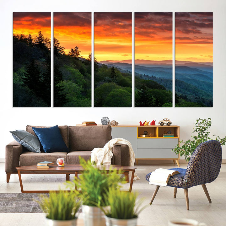 The Great Smoky Mountains Sunset Wall Art, a 3-panel print, beautifully captures natures beauty and is perfect for living room or office decor.