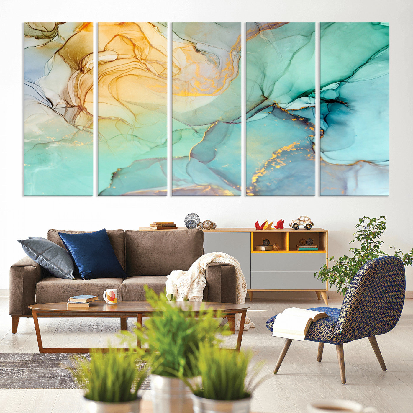47242-MGV-CV-60X31-5P-Green Marble Fluid Effect Wall Art Abstract Canvas Wall Art Print
