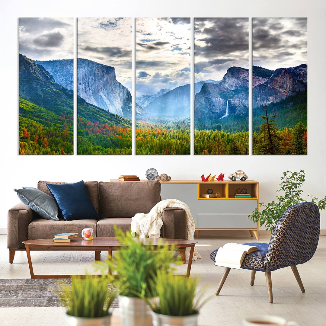 The Yosemite Park Half Dome 3 Panel Canvas Print beautifully captures the enchanting beauty of national parks with its vibrant mountain and forest scene. This large giclée landscape wall art is perfect for living rooms, offices, or bedrooms and comes ready to hang.