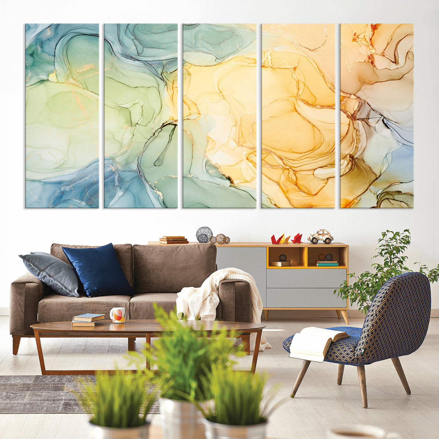 42195-MGV-CV-80X40-5P-Green and Yellow Marble Fluid Effect Wall Art, Green and Yellow Marble Canvas Wall Art Print