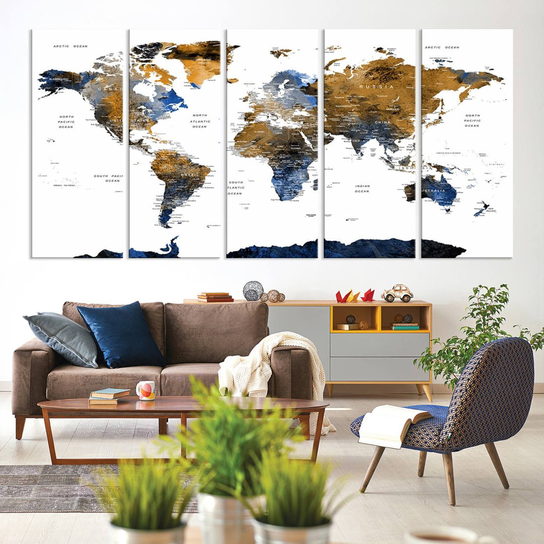 The Triptych Modern World Map Canvas in blue and brown is an ideal global decor piece for enhancing living rooms or offices. It comes ready to hang.