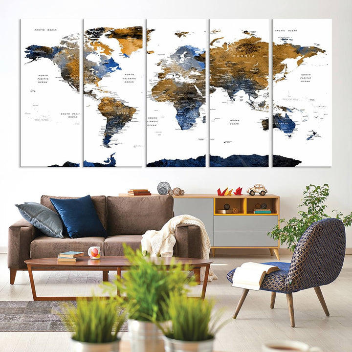 The Triptych Modern World Map Canvas in blue and brown is an ideal global decor piece for enhancing living rooms or offices. It comes ready to hang.