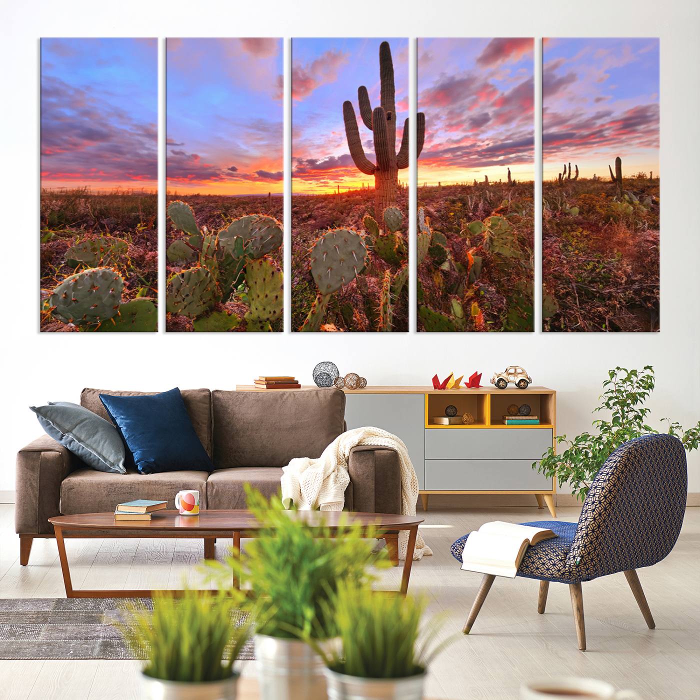 The Arizona Desert Sunset Wall Art Canvas Print hangs prominently.