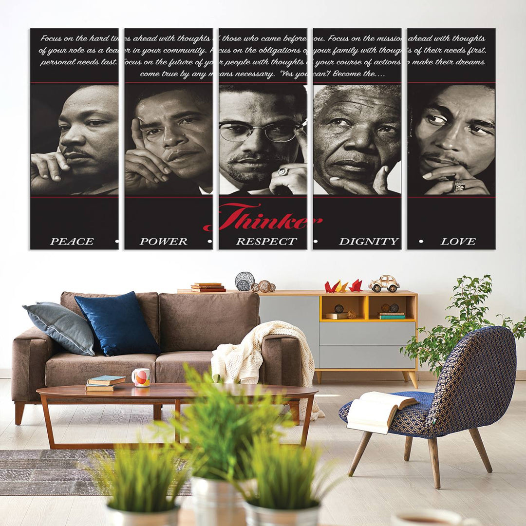 Thinker Wall art, Martin, Obama, Malcolm X, Mandela, Marley, Thinker Quintet Peace Power Respect Dignity Love Canvas Print, African Art Gift