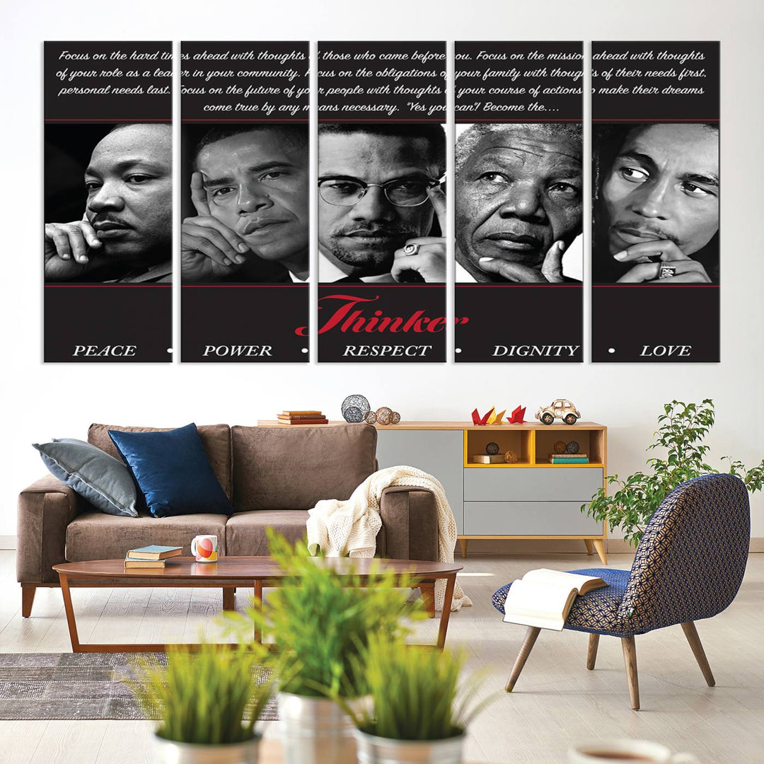 The wall art is a black and white piece featuring iconic figures accompanied by the words Thinker Peace Power Respect Dignity.