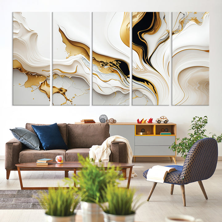 Modern interiors showcase Gold Waves on Pure White Canvas.