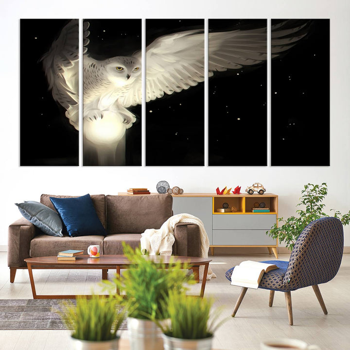 The Night Owl Art graces the wall with its depiction of a snowy owl on a glowing orb, perfect for modern decor.