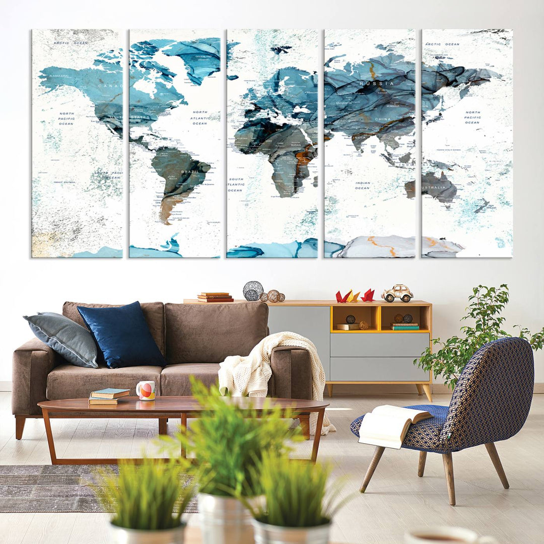 Push Pin World Map Wall Art Canvas Print adds a touch of elegance to the home decor.