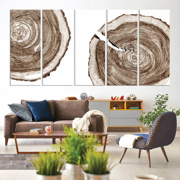 Wood Tree Ring Wall Art on a minimalist black and white canvas.