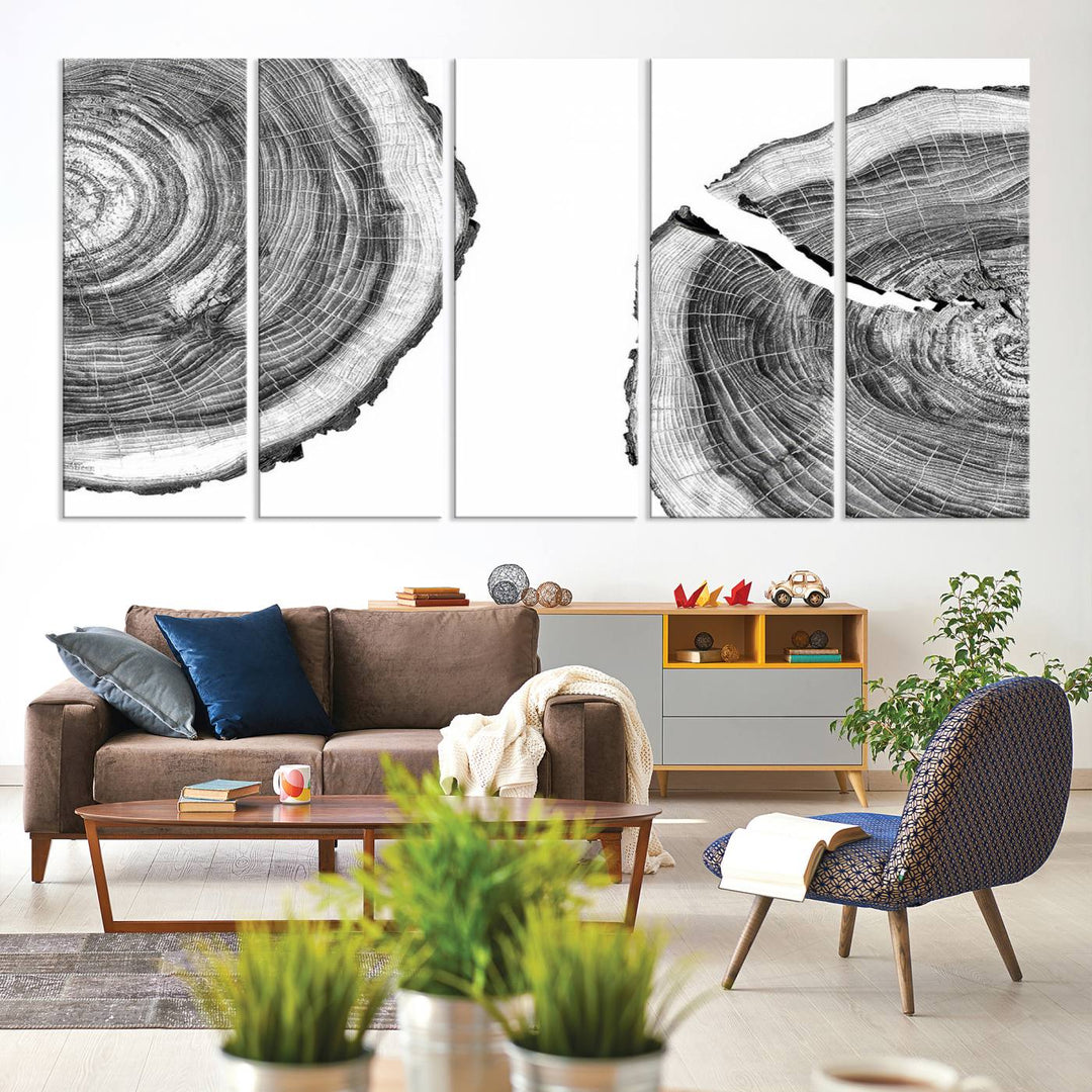 The minimalist art piece Abstract Large Tree Rings on canvas creates a striking focal point.