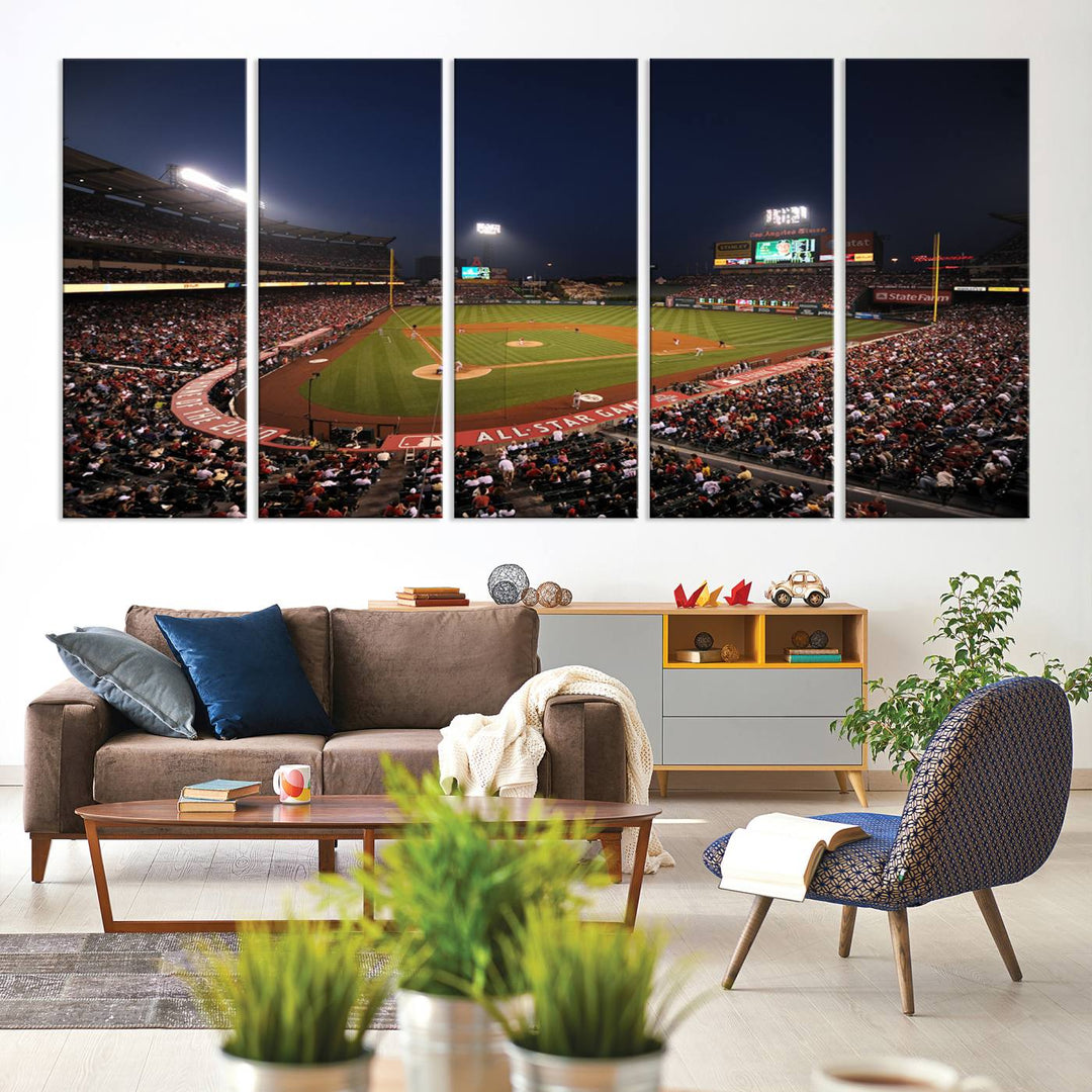 Aerial view of an LA Angels game at night, captured as stunning wall art on premium canvas, handmade in the USA.