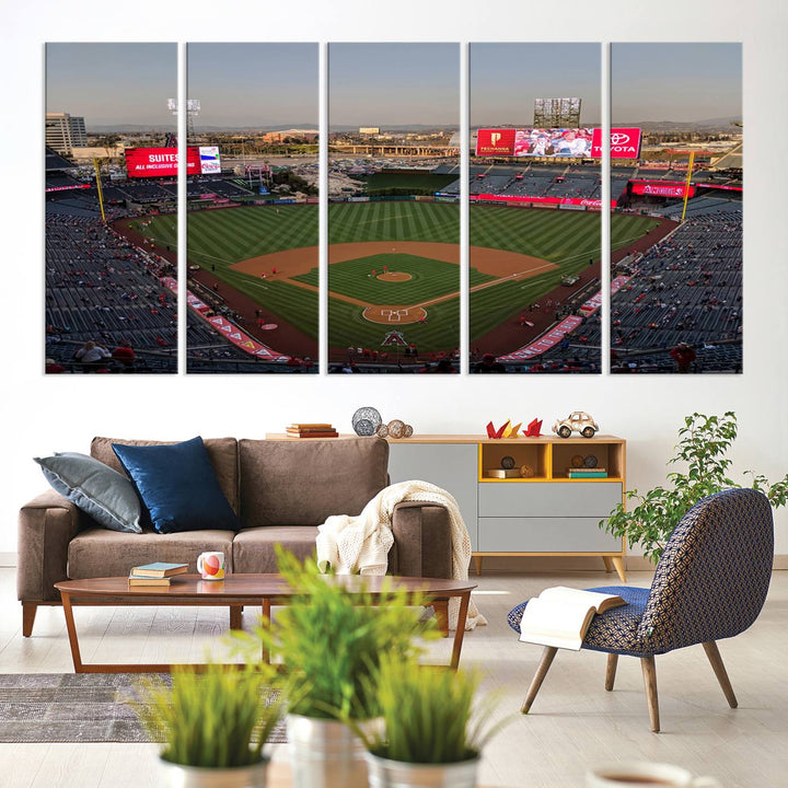 Aerial view of Angel Stadium, perfect as gallery-quality wall art - Los Angeles Angels Canvas Print.