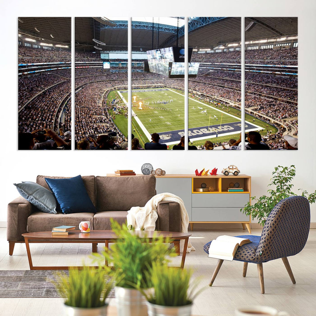 The wall art is a Dallas Cowboys AT&T Stadium Canvas Print, showcasing the iconic logo.