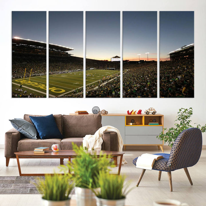 Canvas artwork depicting an Oregon Ducks football game at Autzen Stadium, capturing a sunset and packed stands.