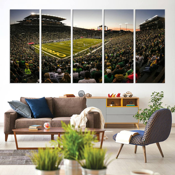 Autzen Stadium Evening Game Triple Canvas Wall Art - Oregon Ducks Football Match