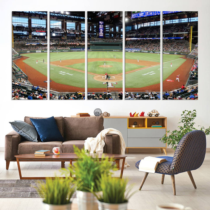 Admire the Texas Rangers Wall Art showcasing Globe Life Fields covered stadium and its lively crowd.