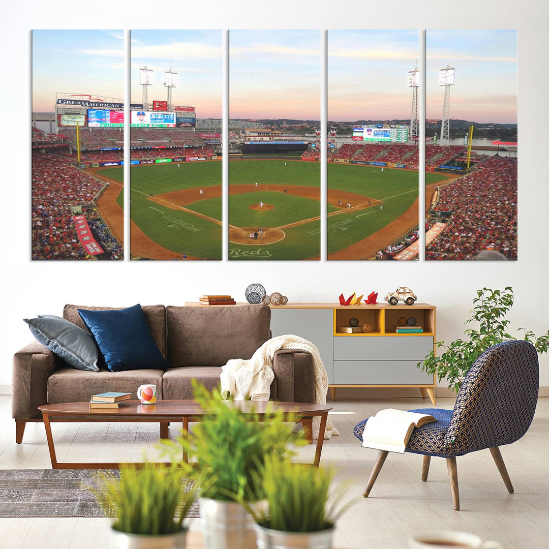 Cincinnati Reds game at sunset: Stadium wall art canvas.