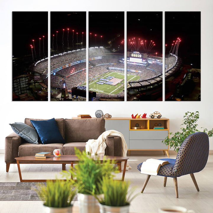 Aerial view of Gillette Stadium with fireworks and flag—ideal for a New England Patriots canvas print.