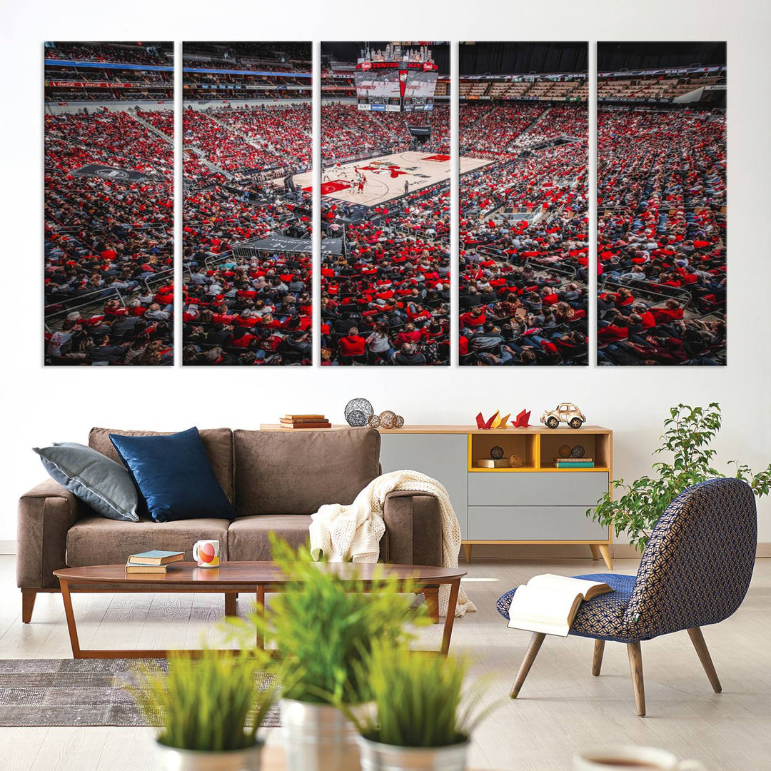 A painting of Louisville Cardinals fans in red at the KFC Yum Center Arena.