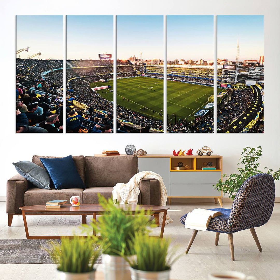 The wall art canvas print vividly captures the dynamic soccer culture at Bombonera Stadium with its vibrant depiction.