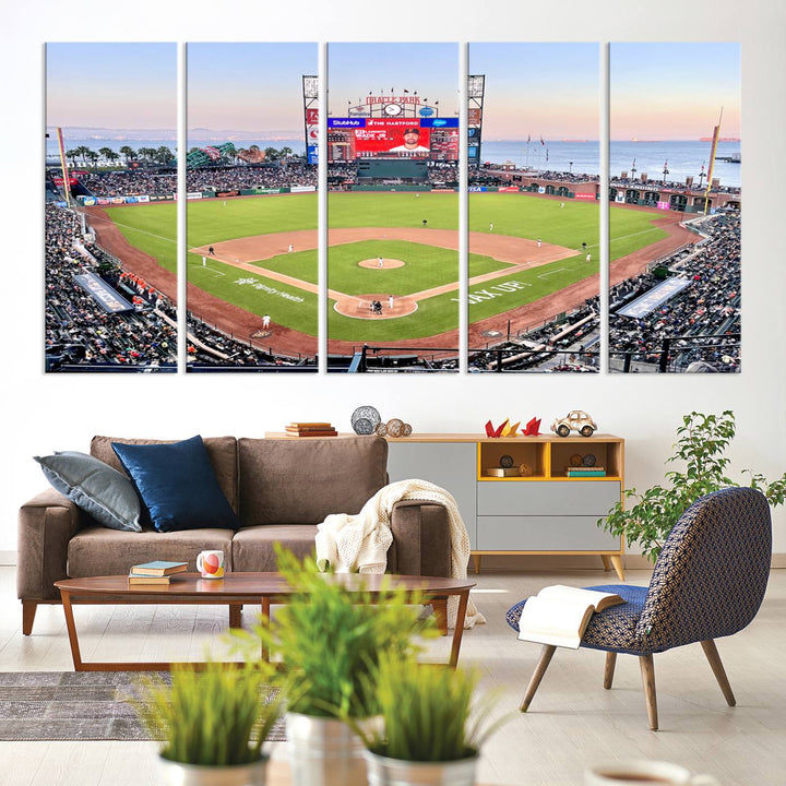 Gallery-quality canvas print of Oracle Park Stadium showcasing a waterfront view from behind home plate.