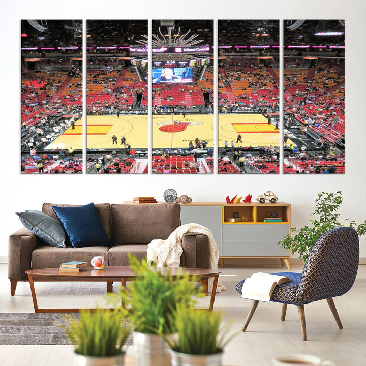 A Miami Heat Basketball Print showcases Kaseya Center Stadium Wall Art with a grand scoreboard.