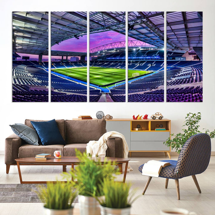 The FC Porto Soccer Team Dragon Stadium Wall Art Canvas Print decorates the room.