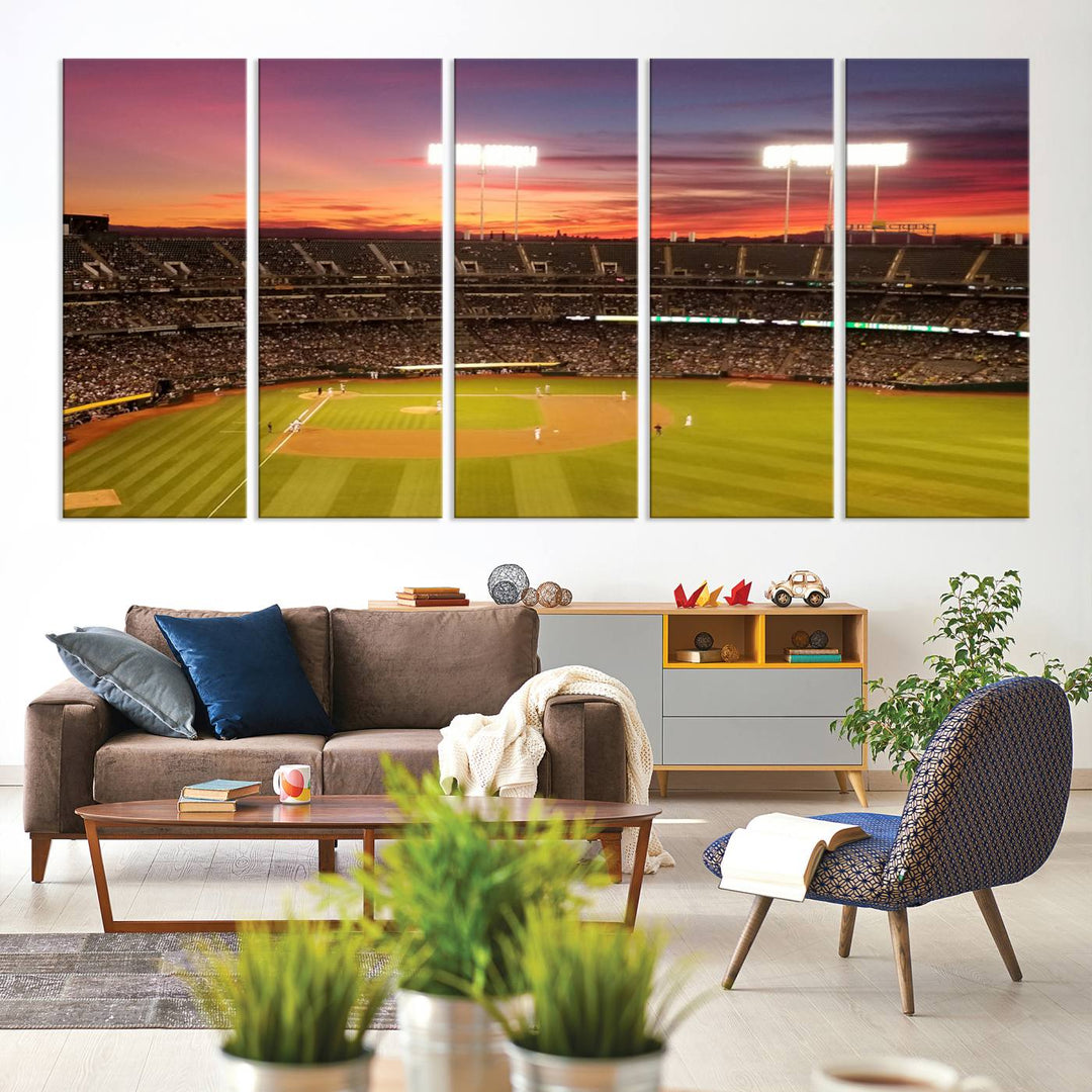 The Oakland Coliseum print is a museum-quality canvas depicting a full crowd and a sunset.