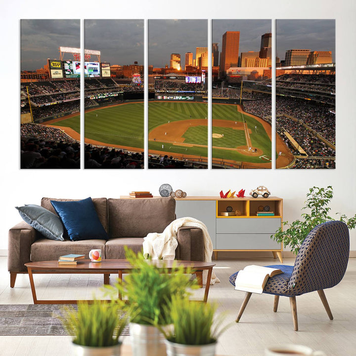 Baseball at Target Field, sunset game, city skyline view.