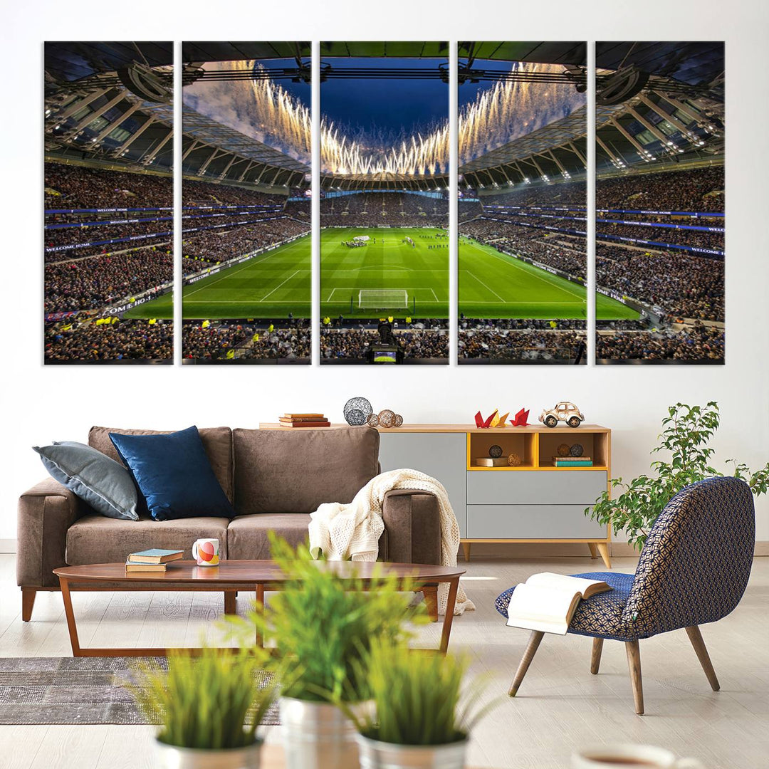 A stunning Tottenham Hotspur Stadium wall art captures the energy of a stadium packed with fans and vibrant lights.