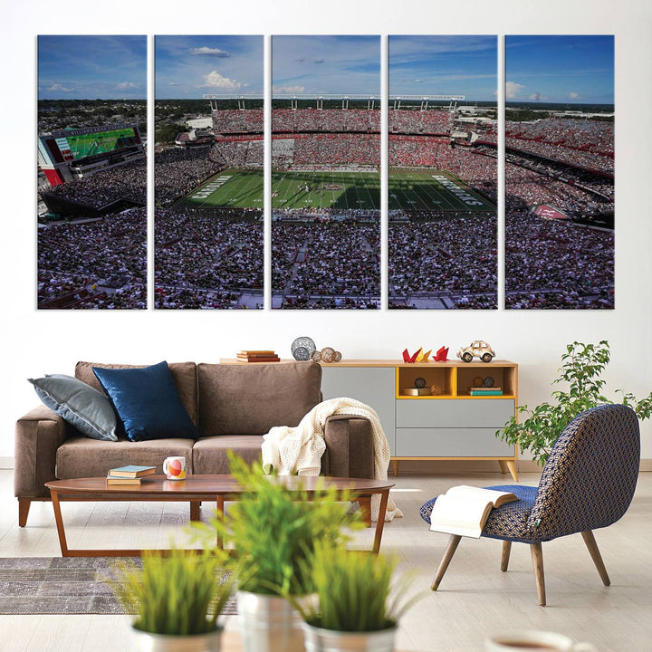 The wall art is a South Carolina Gamecocks print, showcasing Williams-Brice Stadium from a distance under clear skies.